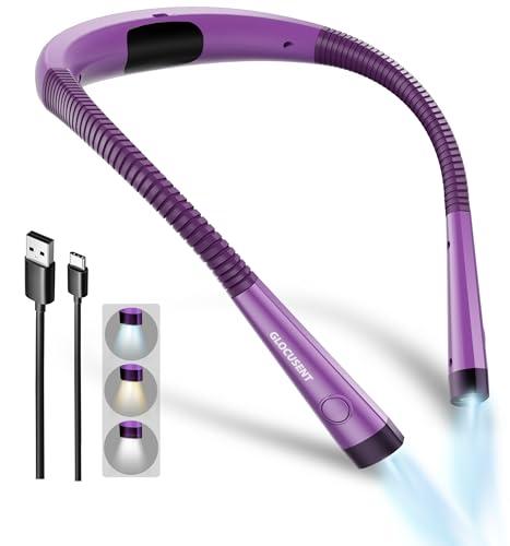 Glocusent Book Light, 3-Color & 6-Brightness Reading Light, Bendable Neck Light, 80-hr Lasting Rechargeable Book Light, Perfect Reading Lights for Books in Bed, Knitting, Repairing, Book Lovers Gifts, Purple