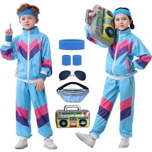 Ezuwail Kids 80s 90s Tracksuit Outfit for Boys Girls 6Pcs Unisex Retro Windbreaker Toddler Workout Hip Hop Dance Costume  8-10