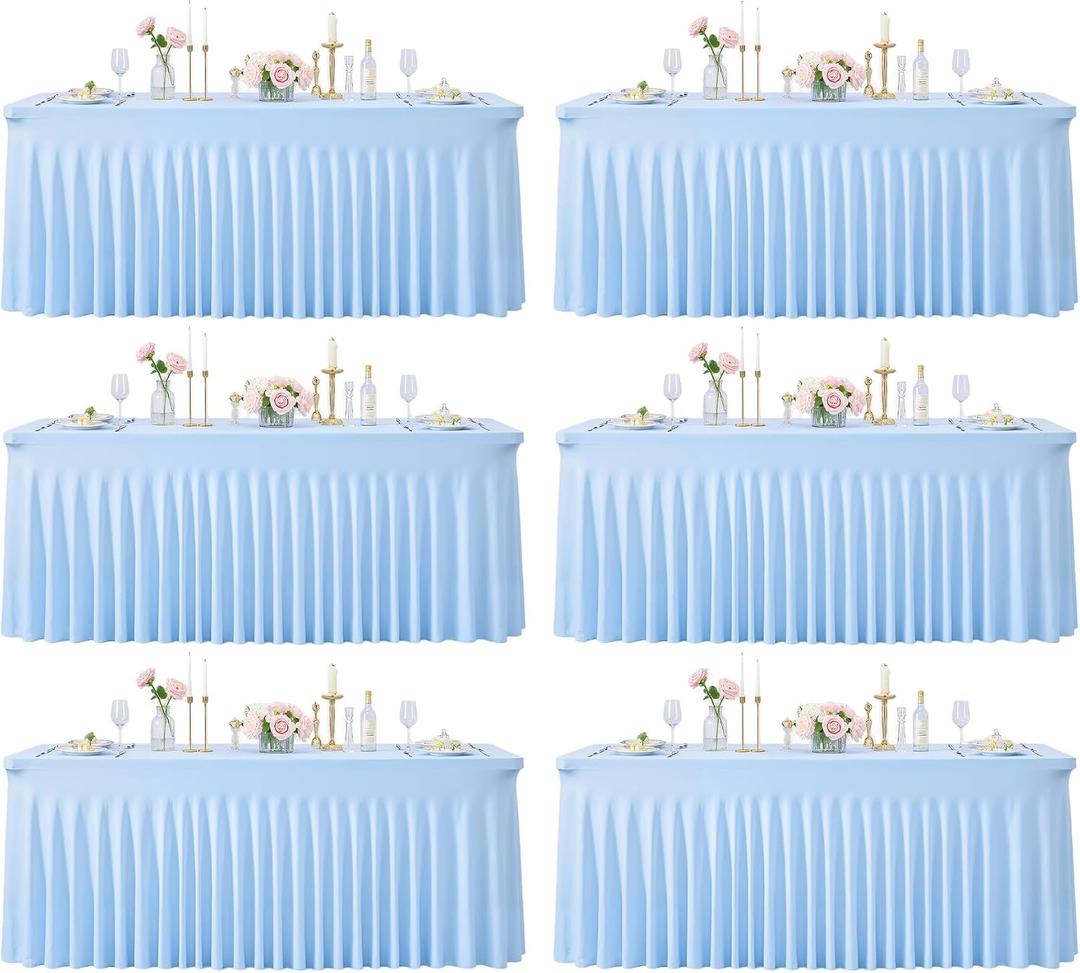 6 Pack 8ft Baby Blue Spandex Table Cloths for Rectangle Tables Wrinkle Free Rectangle Tablecloths, Stretch Fitted Table Cover with Skirt for Baby Shower Boy Birthday Party Wedding Banquet Buffet