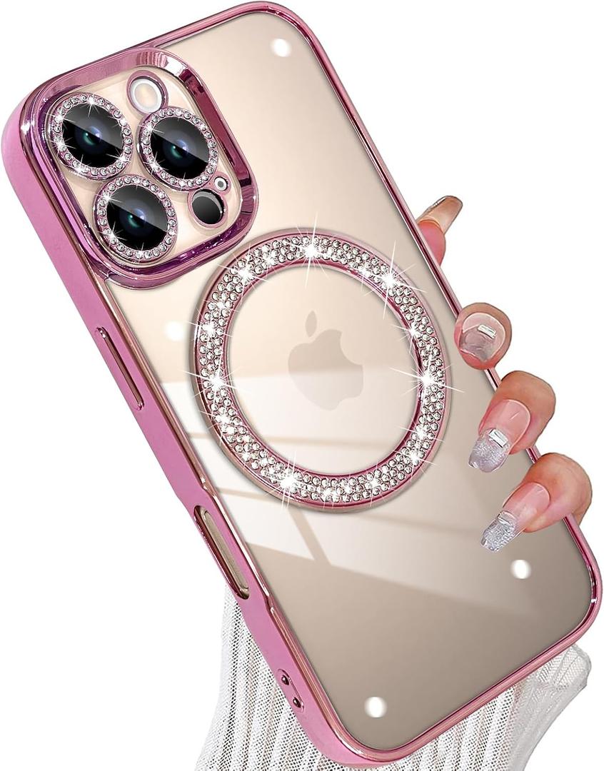 tharlet Magnetic for iPhone 16 Pro Max Case(6.9"), Glitter Luxury Plating Bling Clear Hard Back Frame, Full Camera Lens Protection with a Privacy Screen Protector Max, Pink (6.9")
