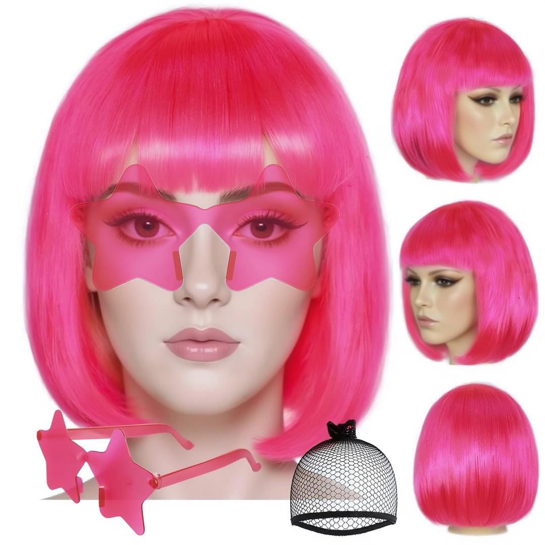 ANOGOL Hair Cap + (Sunglasses) Hot Pink Bob Wig with Bangs Womens Hot Pink Wigs with Star Shape Sunglasses Short Neon Wig Party Outfit Fun wigs for Women Halloween Costume Night Club Bachelorette Hair