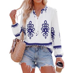 BTFBM Womens Tops Spring Casual Long Sleeve Shirts Button Up V Neck Bohemian Blouses Loose Tunics Vacation Outfits (White, S)