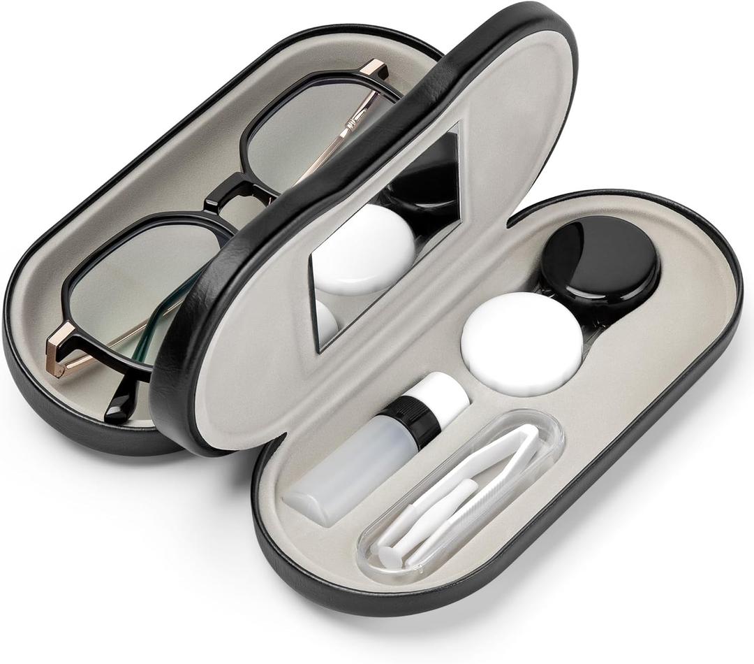 2 in 1 Contact Lens and Glasses Case Double Sided Portable Eyeglasses Case with Built-in Mirror Tweezer Remover and Contact Lens Solution Bottle Storage Kit for Travel Outdoors Daily Use
