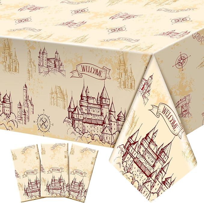 WovWeave 3 Pcs Wizard Tablecloth Decorations Wizard Party Plastic Table Cloth Disposable Vintage Castle Decor for Decoration Halloween Witch Party Supplies