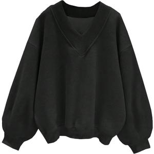 Hilinker Womens V Neck Oversized Sweatshirts Long Sleeve Pullover (Black, L)