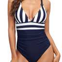 Vogueric Womens One Piece Swimsuits V Neck Crisscross Back Bathing Suit Tummy Control Ruched O Ring Swimwear Blue Stripe Large (Blue, L)