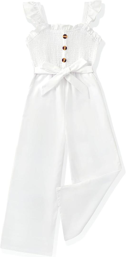 SODLON Girls Jumpsuit Kids Clothes Fashion Ruffle Sleeveless Wide Leg Belted Romper Smocked Summer Outfits with Pockets, 9-10Y