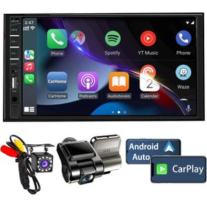 Naifay Double Din Car Stereo with Dash Cam | 7INCH Touchscreen Car Radio Receivers Support with Apple Carplay & Android Auto, Bluetooth, Backup Camera, Mirror Link, Voice Control, SWC, FM/USB/TF/AUX