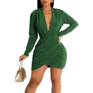 FairBeauty Women's Sexy Sparkly V Neck Long Sleeve Ruched Metallic Bodycon Club Mini Dresses (Green, XXL)