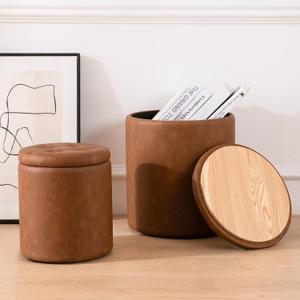 Round Ottoman with Storage Set of 2, 12.6"W x 14.17"H & 14.76"W x 17.32"H Faux Leather Button Tufted Storage Ottoman, Boucle Vanity Stool Footrest Coffee Table for Living Room, Bedroom, Brown, 14.8"D x 14.8"W x 17.3"H