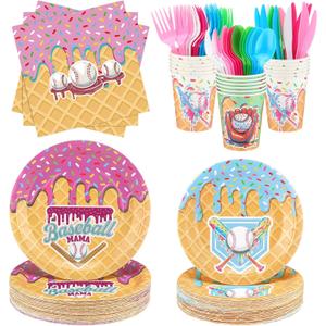 FoldTier 350 Pcs Baseball Ice Cream Dripping Birthday Party Decorations Set Ice Cream Paper Plates Napkins Fork Set Disposable Fairy Tableware Decorations Supplies for Baby Shower Dinner Serves 50