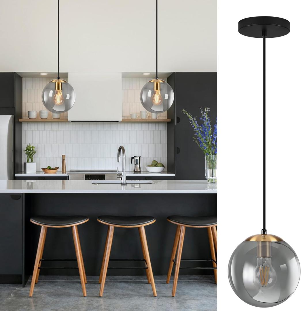 KoKo&Yukina 8 Inch Gold Pendant Light Globe Pendant Lights Kitchen Island Mid Century Light Fixture with Grey Glass Shade Adjustable Globe Cluster Lights for Dining Room Living Room (Ash Gray & Gold) KoKo&Yukina 8 Inch Gold Pendant Light Globe Pendant Lights Kitchen Island Mid Century Light Fixture with Grey Glass Shade Adjustable Globe Cluster Lights for Dining Room Living Room (Ash Gray & Gold)