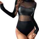 Milumia Women's Pu Leather Contrast Mesh Bodysuit Mock Neck Long Sleeve Leotards M