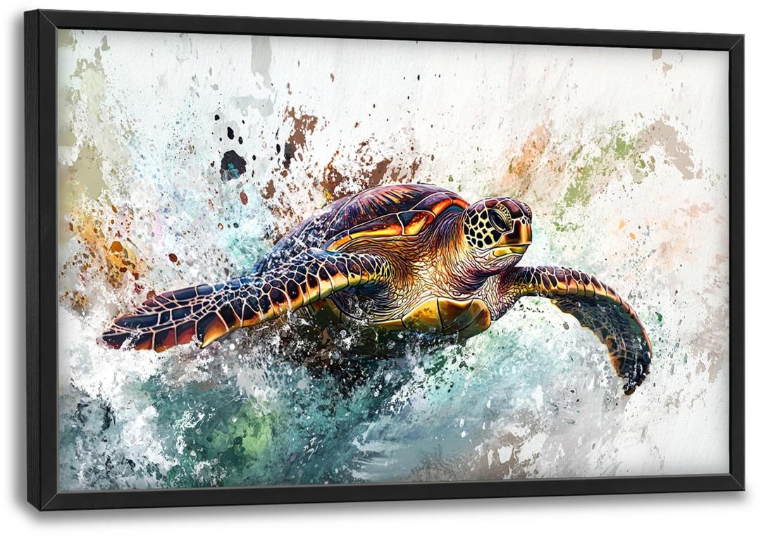Extra Large Framed Sea Turtle Wall Art,Oversized Abstract Colorful Sea Nautical Wall Decor Pictures for Living Room,Canvas Print Painting Modern Artwork Bedroom Office Bathroom Home Decor 36L x24W