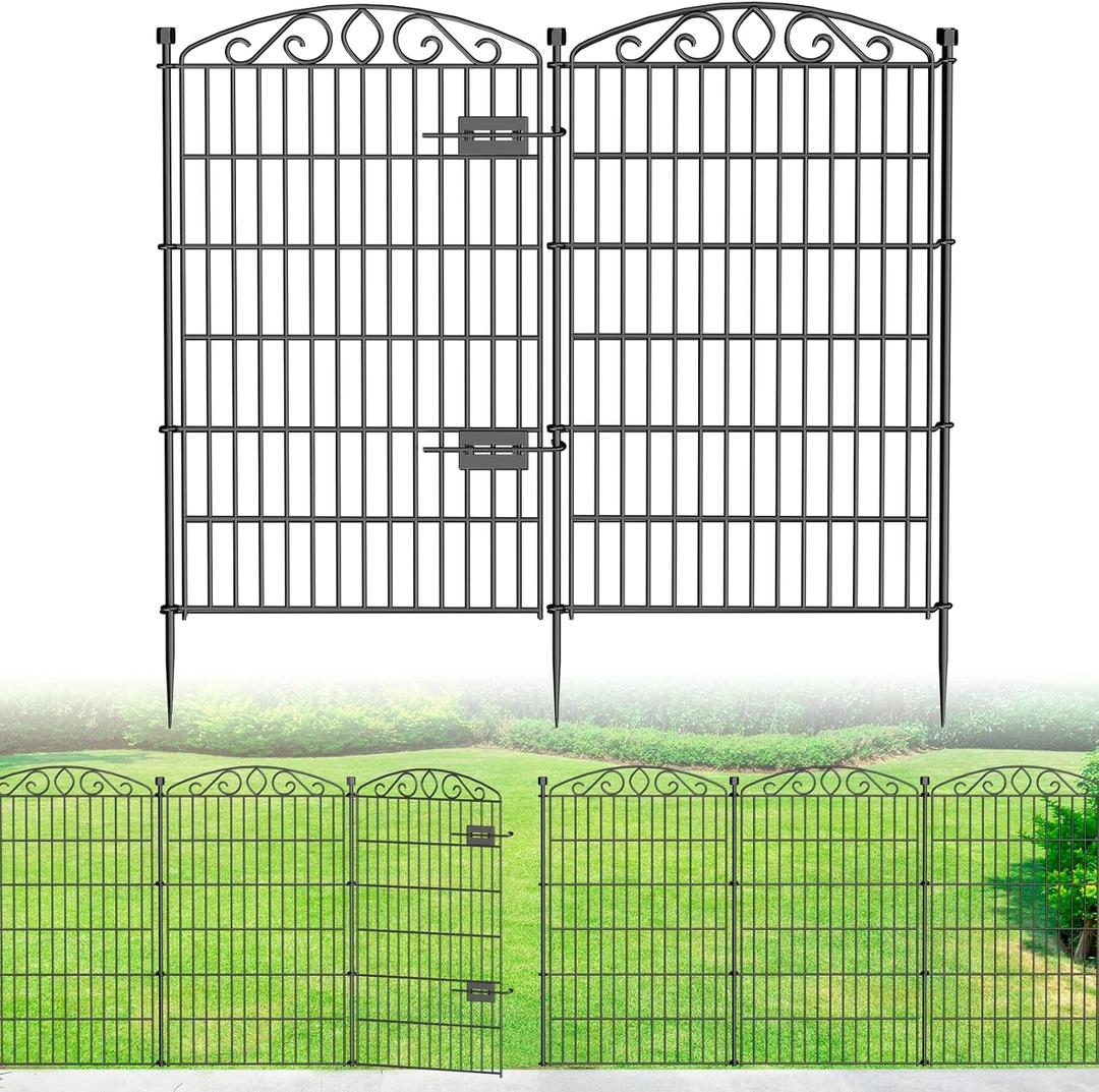 12 Panel No Dig Decorative Garden Fence with Gate - 42in H x 25.67 ft L, Tall Animal Barrier for Dogs Rabbits, Rustproof Metal Wire Panels for Yard, Patio, and Outdoor Border Use