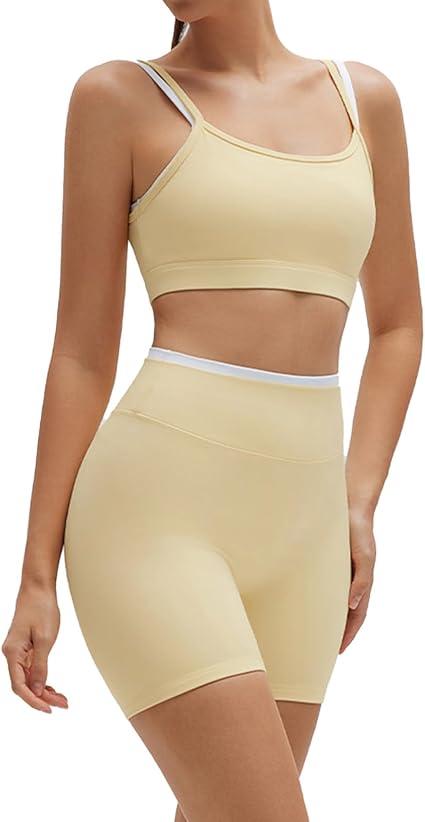 SUUKSESS Women 2 Pieces Workout Sets Padded Spaghetti Straps Camis High Waist Biker Shorts (Yellow,XS)