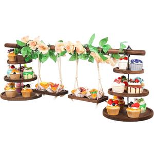 Wooden 3 Tier Cupcake Stand with Swing and Rose Vines Decor, Dessert Table Display Set Removable Serving Tray Cupcake Tower Centerpiece for Tea Party Birthday Baby Shower Wedding