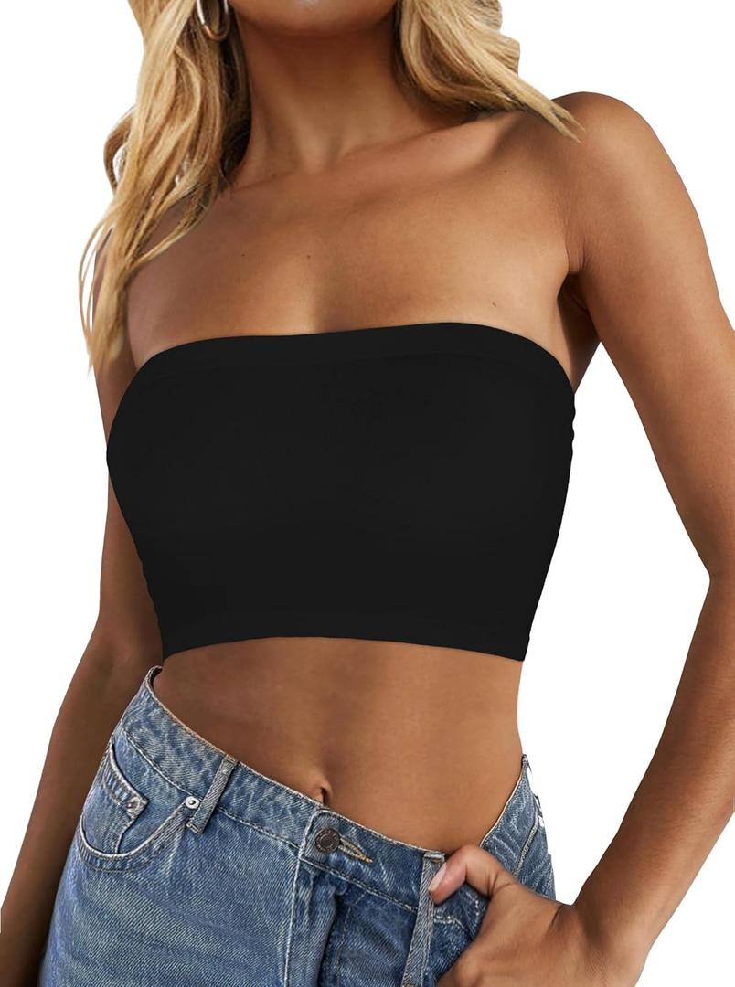 Tube Tops for Women Summer Crop Top Basic Casual Bandeau Going Out Strapless Short Shirt (One Size-Large, Black)