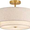 16" Double Drum Gold 3-Light Semi Flush Mount Ceiling Light, Classic Fabric Linen Shade Design for Living Room, Bedroom, Kitchen, Dining Room, Hallway and Entryway