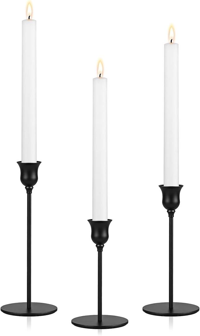Ohtomber Taper Candle Candlestick Holders - 3PCS Black Metal Pillar Candle Sticks Holder Decor, Vintage Decorative Centerpiece Table Candlesticks Decor for Wedding Fireplace Mantel, Housewarming Gift