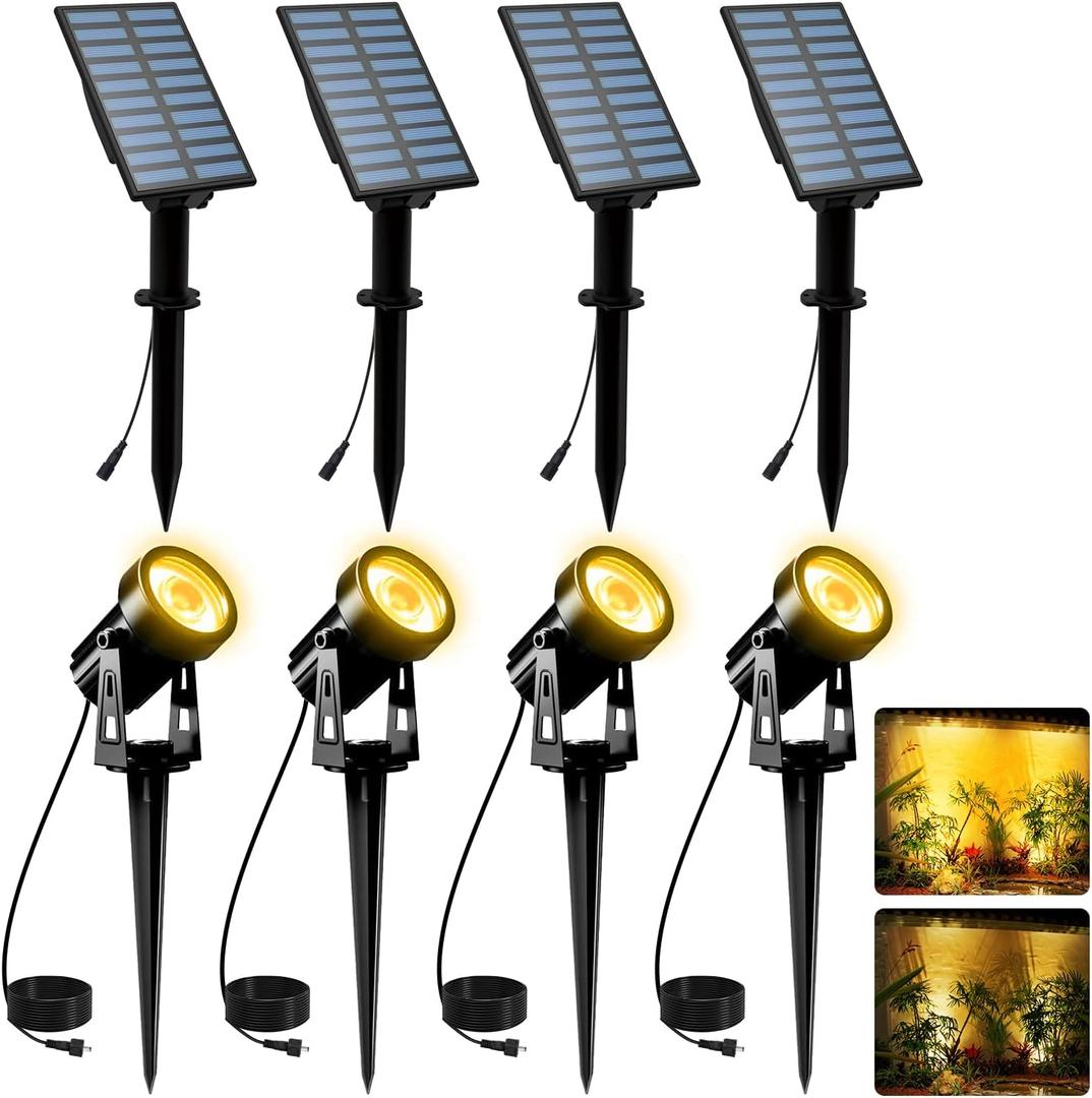T-SUNUS Christmas Solar Landscape Spotlights 4 Pack Warm White 3000K, Spot Lights IP65 Waterproof Outdoor Separated Panel with 9.8ft Cable, Garden Pond Light for Flag Driveway Walkway Patio Halloween