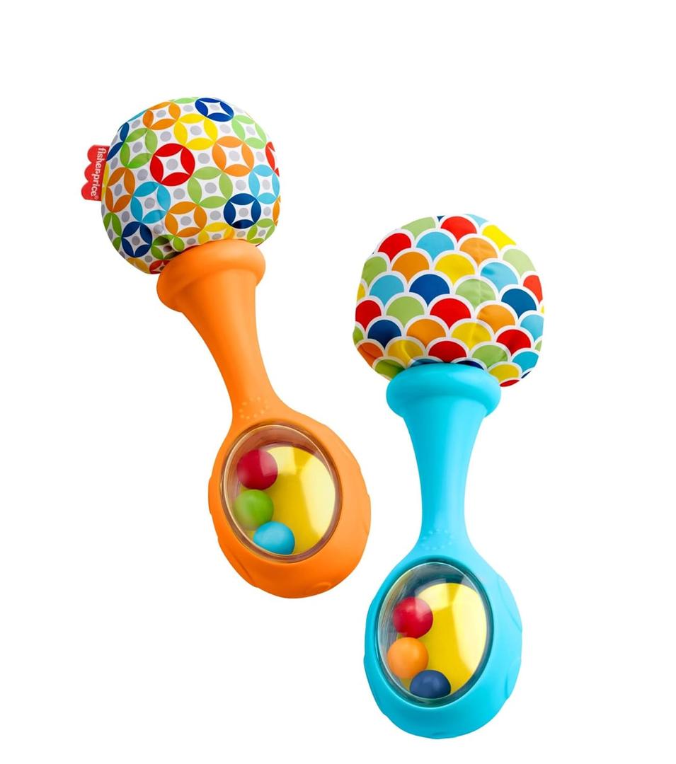 Fisher-Price Newborn Toys Rattle 'n Rock Maracas, Set of 2 Soft Musical Instruments for Babies 3+ Months, Blue & Orange (2 Count (Pack of 1))
