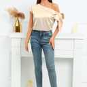 Women's 2024 Off Shoulder Satin Tops Elegant Casual Short Sleeve Asymmetrical Neck Silk Blouses Shirts (Beige, XL)