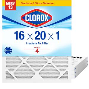 Clorox 16x20x1 Air Filter, MERV 13 Pleated HVAC AC Furnace Air Filters for Allergies, Pet Dander, Smoke and more, MPR 1500 & FPR 10 Pack of 4
