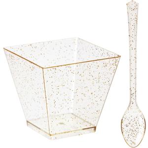 BLUE PANDA 200 Pack Gold Glitter Square Dessert Cups with Spoons, 100 Disposable Mini Dessert Shooter Cups with 100 Spoons for Party Events, Appetizers, Tasting Party, Snacks, Parfait (2 oz)
