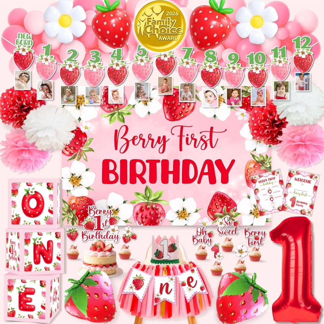 RainMeadow Premium Berry First Birthday Decorations Set - Strawberry 1st Birthday Decorations Girl with Banner, Balloons, High Chair Tutu, Cake Toppers, Milestone Garland & More for Baby Girls