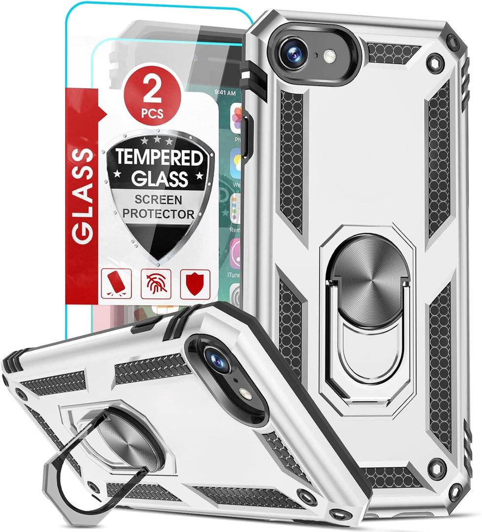 LeYi for iPhone SE Phone Case 2022/2020, iPhone Case SE with [2Pack] Tempered Glass Screen Protector, [Military-Grade] Protective Phone Case with Magnetic Ring Kickstand for iPhone SE, Silver