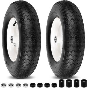 4.80/4.00-8" Wheelbarrow Tubed Tires and Wheels, 16" Universal Fit Pneumatic Tires with 3/4" or 5/8" Bearing, 3"-7" Hub, Adapter Kit Hand Truck Wheels Replacement for Garden Trailer, Wagons, 2 PCS