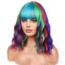 BERON 14 Inches Rainbow Wig with Bangs Short Curly Synthetic Wig for Women Cosplay Daily Party Hairnet Included