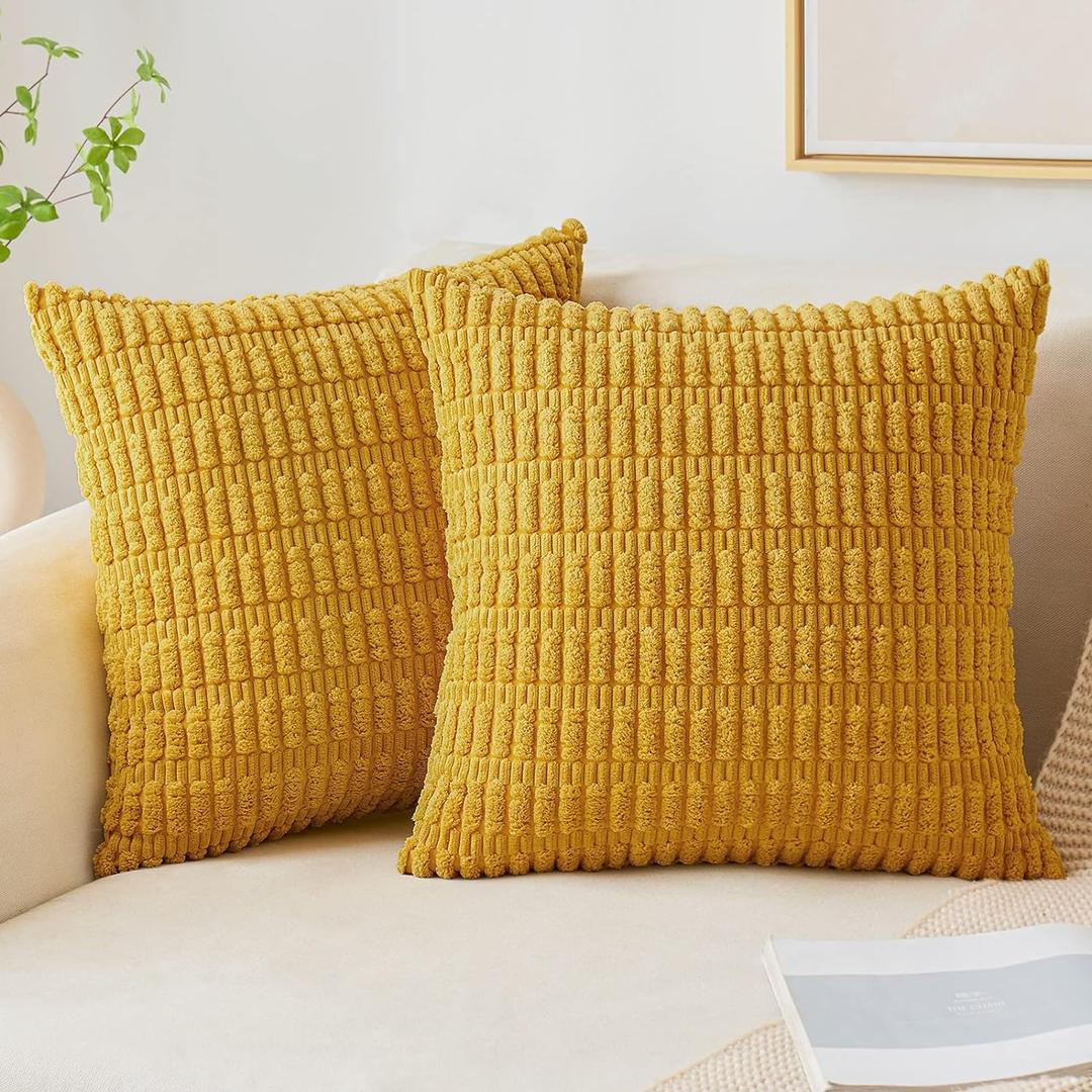 MIULEE Pack of 2 Mustard Yellow Corduroy Decorative Throw Pillow Covers 18x18 Inch Soft Boho Striped Pillow Covers Modern Farmhouse Home Decor for Sofa Living Room Couch Bed (18" x 18" (Pack of 2))