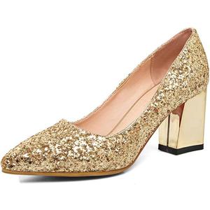 Women's Sparkling Glitter Chunky Heel Closed Toe Pumps Comfortable Mid Block Heel Slip-on Classic Party Dress Shoes (6, Gold)
