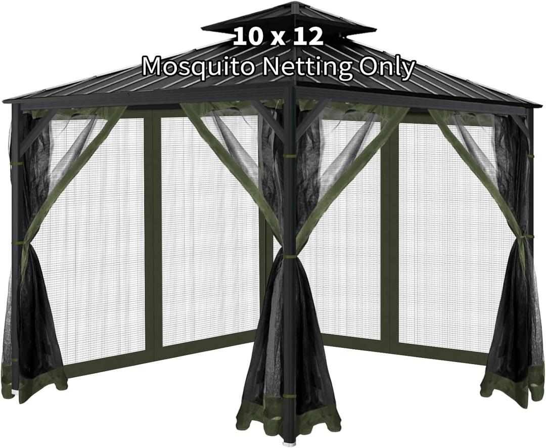 Gazebo Universal Replacement Mosquito Netting, 10'x12' Gazebo Netting Outdoor, 4-Panel Screen Walls for Outdoor Patio with Zipper (Mosquito Net Only) (Military Green)