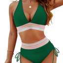 Blooming Jelly Women High Waisted Bikini Sets Tummy Control Swimsuits Color Block Two Piece Drawstring Bathing Suit Size L