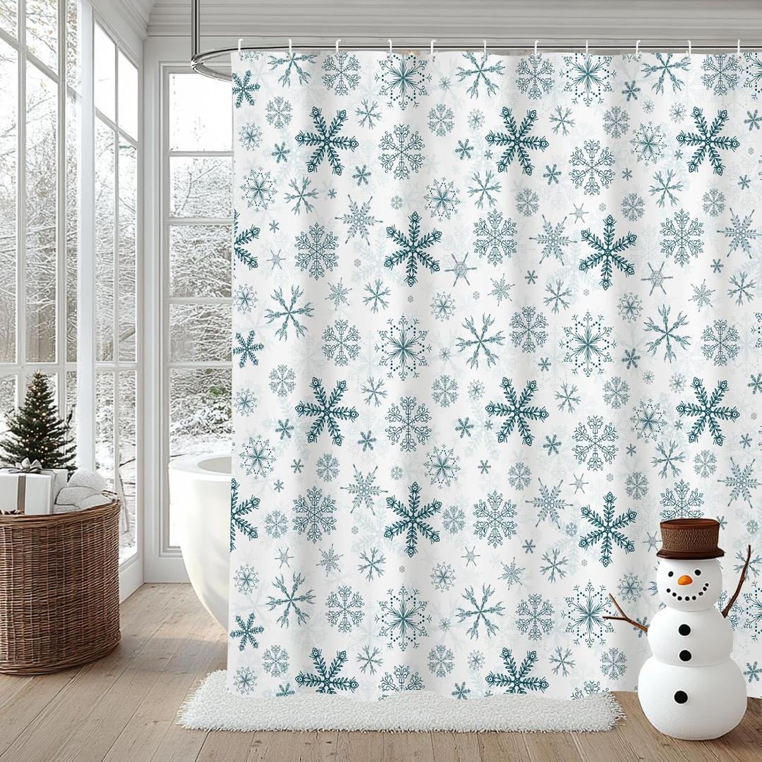 MEHOFOND 72x72in Winter Snowflake Blue-Green Shower Curtain Pattern Snow Shower Curtain Bathroom Christmas Decor Waterproof Polyester Fabric with Hooks