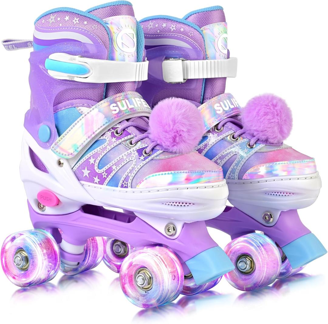 SULIFEEL Rainbow Tie-Dye Adjustable Roller Skates for Girls Kids Ages 3-5 5-8 6-12 Pink Purple Light Up Skate with Fluffy Pom Poms Triple Protection for Indoor Outdoor Skating (Medium - Big Kid)