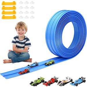 Flex Race Car Track 15 Ft for Kids 3+ Toys, with 4 Small Racecars, Suitable for Hot Wheels and Diecast 1/64th Cars, Rolls Up Race Tracks with Strong Suction Cups
