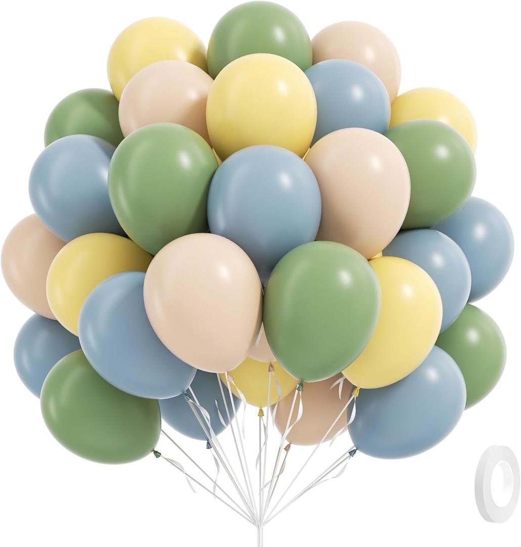 60pcs 12inch Sage Green Dusty Blue Pastel Yellow Balloons, Nude Blue and Green Balloons for Baby Shower Wedding Anniversary Birthday Party Decorations