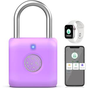 Pothunder Fingerprint Padlock, Smart Padlock, Locker Lock, Combination Fingerprint Lock with APP Unlock, USB Rechargeable, Suitable for Gym Locker(Lavender Purple)