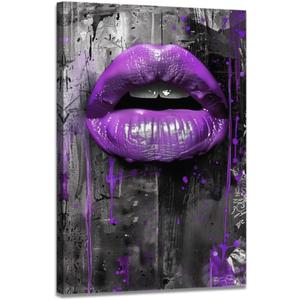 DOARTDO Purple Canvas Wall Art for Girls Bedroom Prints African American Wall Decor Purple Black and White Pictures for Lady Women Makeup Room Home Decor Framed (12.00" x 18.00")