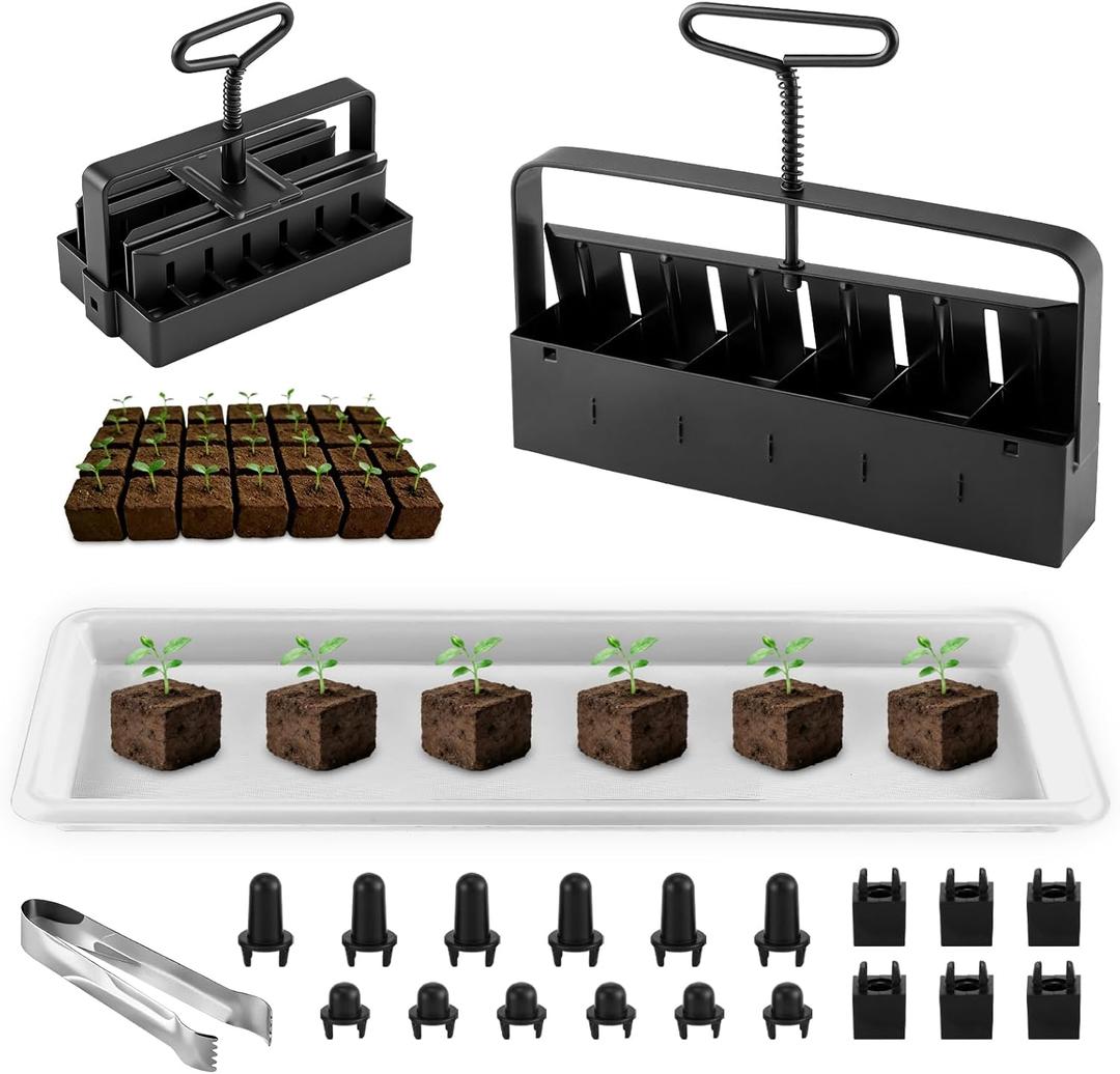 Soil Block Maker Bundle - Large 2" and Small 0.67" Handle Manual Soil Blocker 2 Inch with 3 Types of Seed Pins, Seedling Tray, Grow Tweezer - Seed Starter Tool for Garden Seedlings, Cuttings