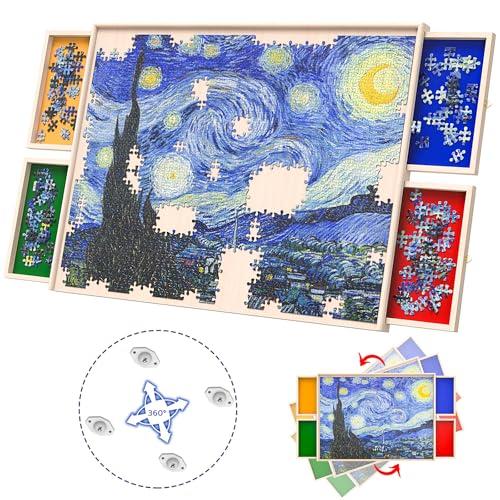 Rotatable 360-Degree Wheels Puzzle Board with Drawers and Cover 1000 Pieces Lightweight Portable Wooden Puzzle Table for Adults Size 30" x 22"