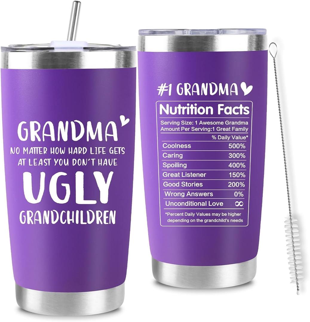 Christmas Gifts for Grandma, Funny Grandma Insulated Travel Tumbler, Nice Grandmother Mom Gifts for Xmas Thanksgiving Day Birthday, At Least You Don't Have Ugly Grandchildren (20Oz, Purple)