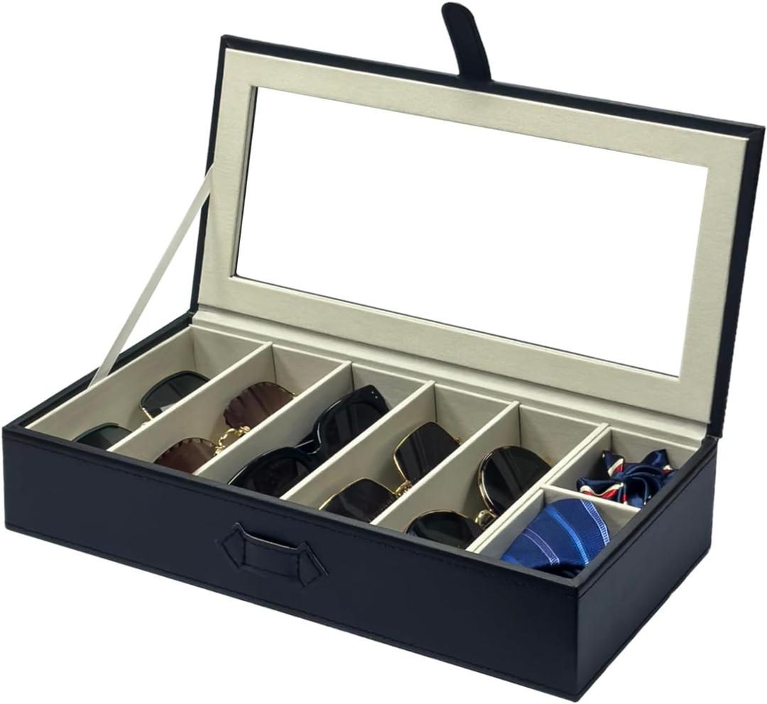 Sunglasses Case Organizer, Multiple Sunglasses Eyeglass Glasses Display Holder Collector, 5 Slots for Sunglasses Storage and 2 Small Slots for Accessories, Black