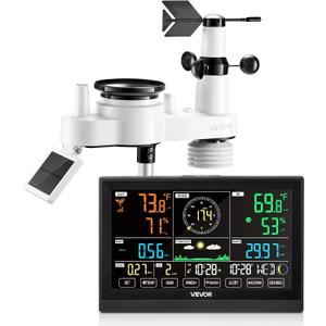 VEVOR 7-in-1 Wireless Weather Station, 7.5-Inch VA Display, Solar Powered Outdoor Sensor, Rain Gauge, Indoor Outdoor for Weather Forecast, Temperature, Humidity, Wind Speed and Direction (No WiFi)