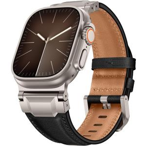Leather Bands Compatible with Apple Watch Ultra 3/2/1 Band 49mm 46mm 45mm 44mm 42mm, Genuine Leather Metal Connector Strap for iWatch Ultra Series 11/10/9/8/7/SE/6/5/4/3/2/1, Black/Titanium