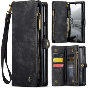 CaseMe Compatible with Samsung Galaxy Z Fold 7 Wallet Case, Magnetic Flip Zipper Pocket Kickstand Cover Premium Durable Leather Case with Card Holder Lanyard Strap Wristle (Black, Z Fold 7)